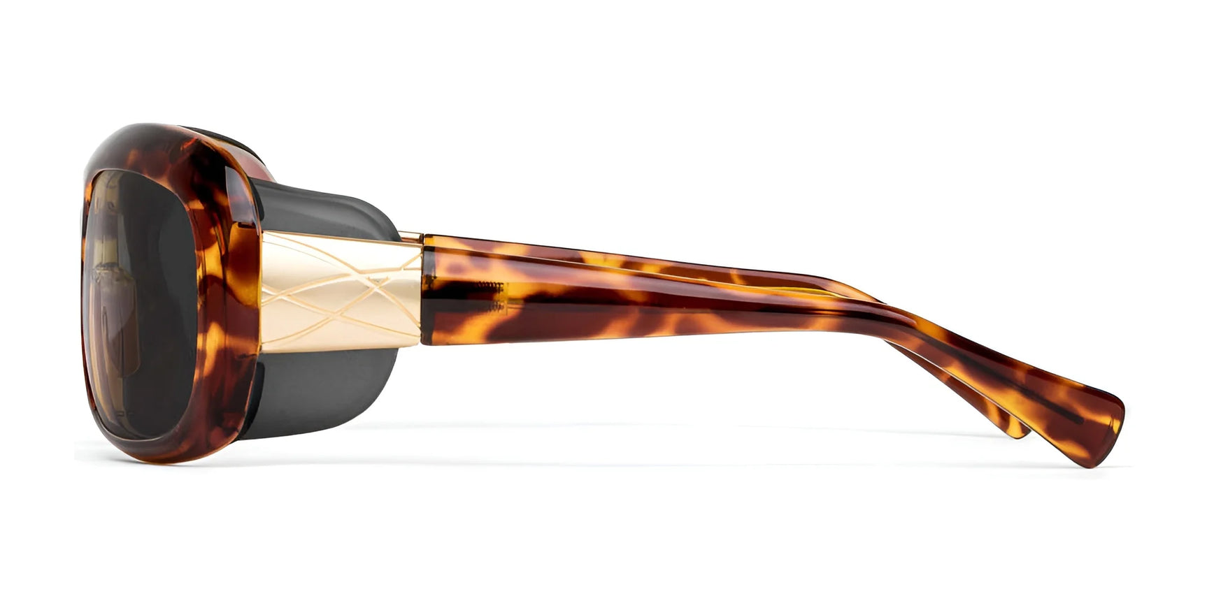 Side view of Ziena's Oasis Sunglasses | Size 61, featuring tortoiseshell square frames with gold accents on the temples, offering exceptional optical clarity and UV protection.