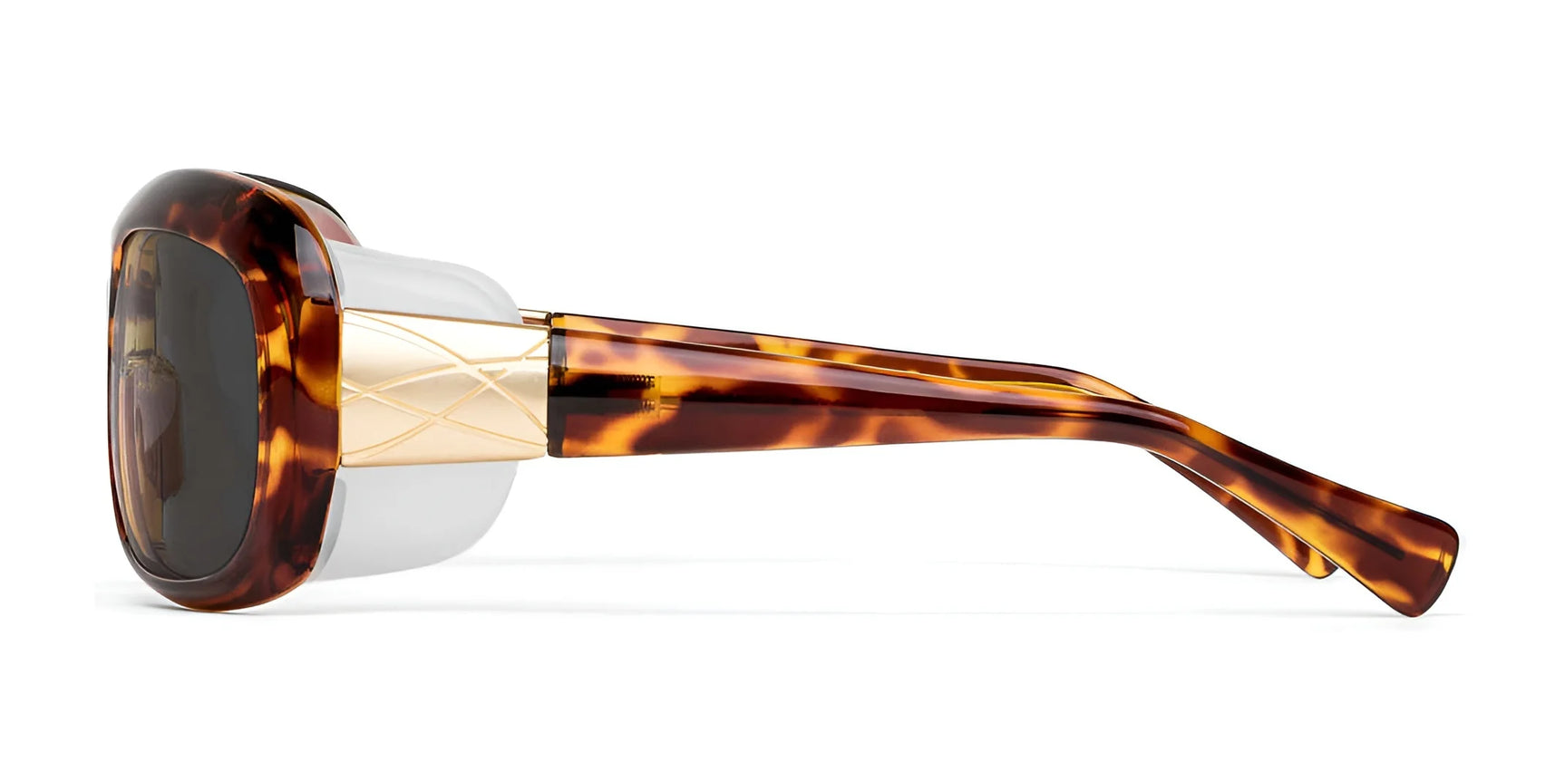 Side view of Ziena Oasis Sunglasses in size 61, featuring tortoiseshell frames with gold and clear detailing on the thick arms, offering exceptional UV protection.