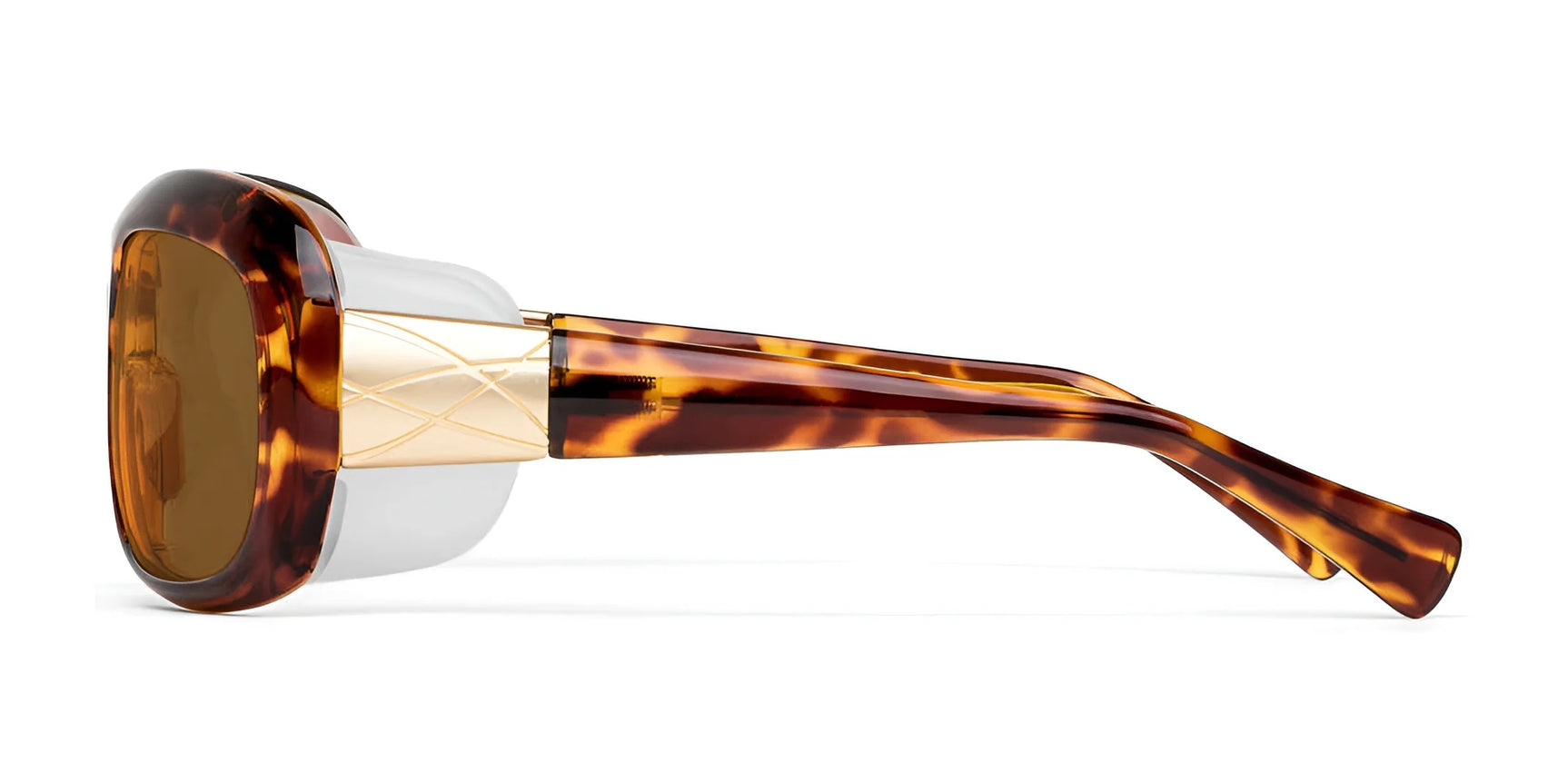 Side view of the Ziena Oasis Sunglasses, featuring a tortoiseshell frame with gold accents on the temples, amber-tinted lenses, and superior UV protection.