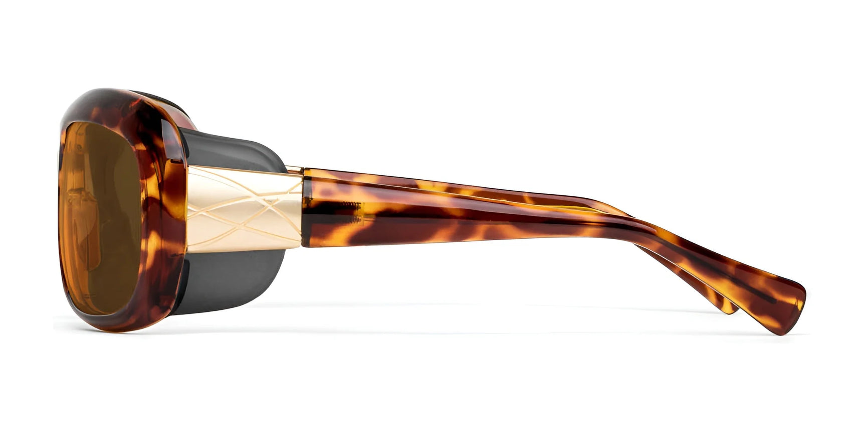 Side view of Ziena Oasis sunglasses with tortoiseshell-patterned frames, gold detailing on the arms, and dark lenses, offering exceptional UV protection.