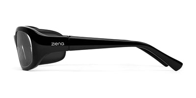 Side view of black Ziena Verona Eyeglasses, Size 58, showcasing "Ziena" on the temple. Designed to prevent eye strain with moisture-sealing technology.