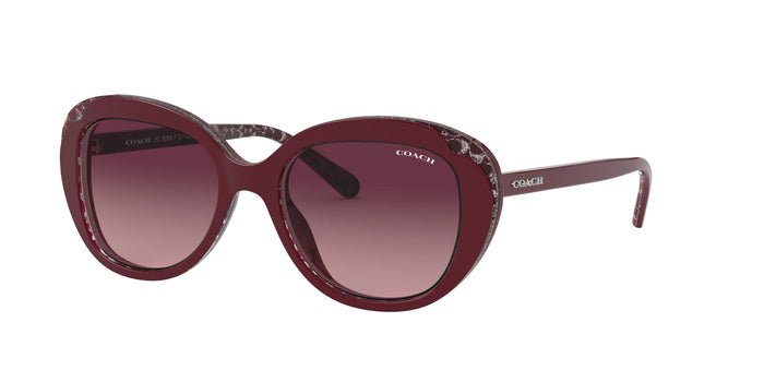 Coach L1132 HC8289F Sunglasses | Size 55 / Burgundy Glitter Signature C / Pink Gradient Dark Violet (3N 16%)