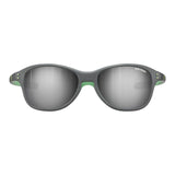 Discover Julbo's Boomerang Sunglasses, Size 43. These sleek gray sunglasses feature reflective lenses and a subtle green tint inside the frame. Enhanced with Grip Tech Temples and Nose Grip technology, they offer all-day comfort and a secure fit.