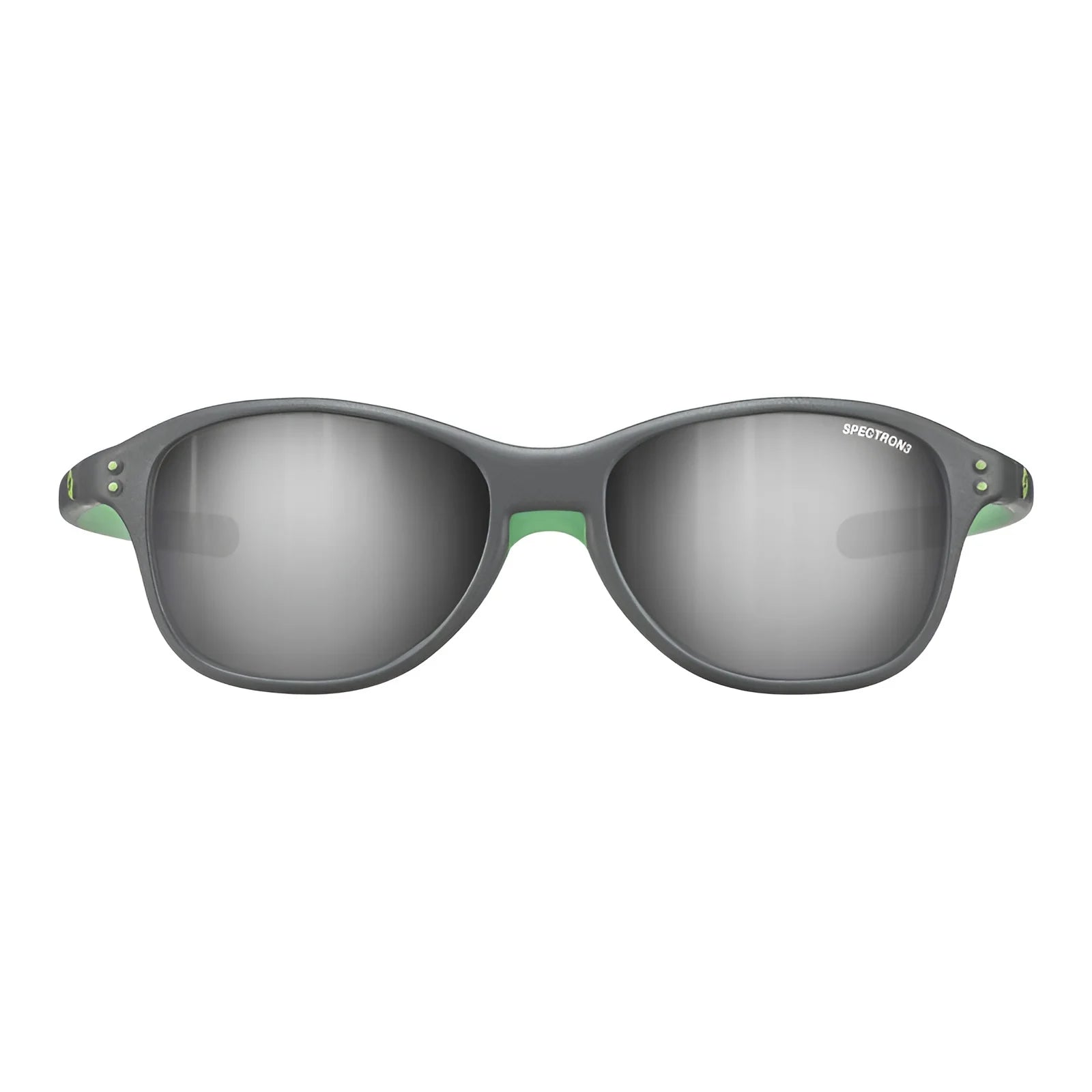 Discover Julbo's Boomerang Sunglasses, Size 43. These sleek gray sunglasses feature reflective lenses and a subtle green tint inside the frame. Enhanced with Grip Tech Temples and Nose Grip technology, they offer all-day comfort and a secure fit.