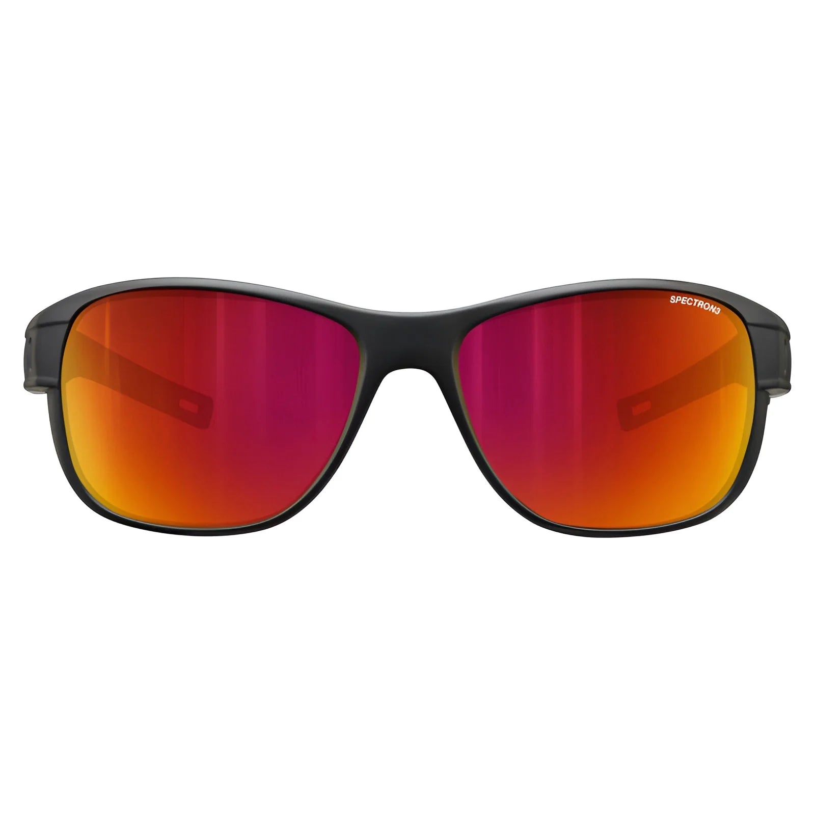 The Julbo Camino Sunglasses, size 58, feature a sleek black design with red-orange gradient mirrored lenses. Offering style and versatility, they include optional removable side shields.