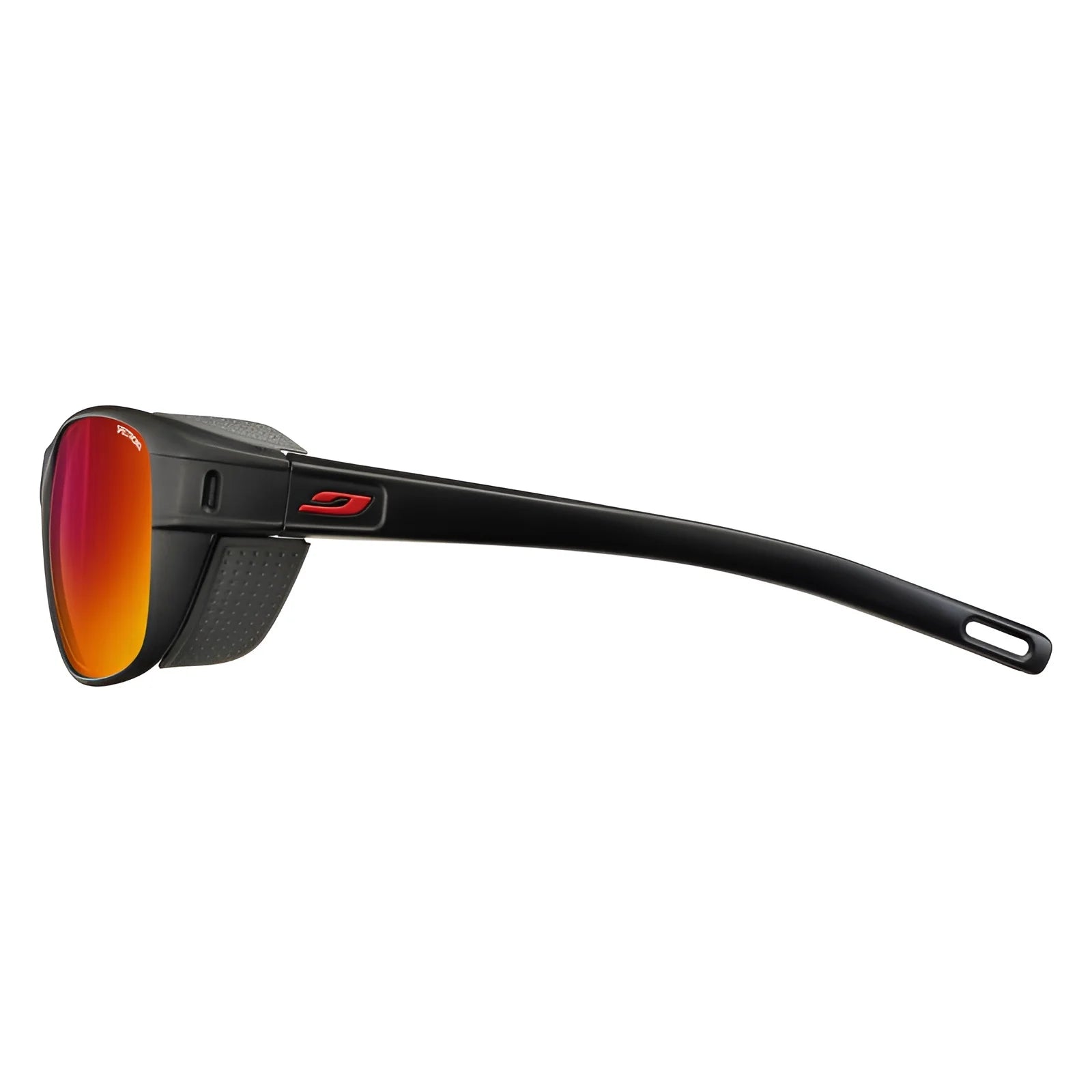 Side view of Julbo Camino Sunglasses, featuring sleek, elongated temples and red-mirrored photochromic lenses, perfect for versatile eyewear.