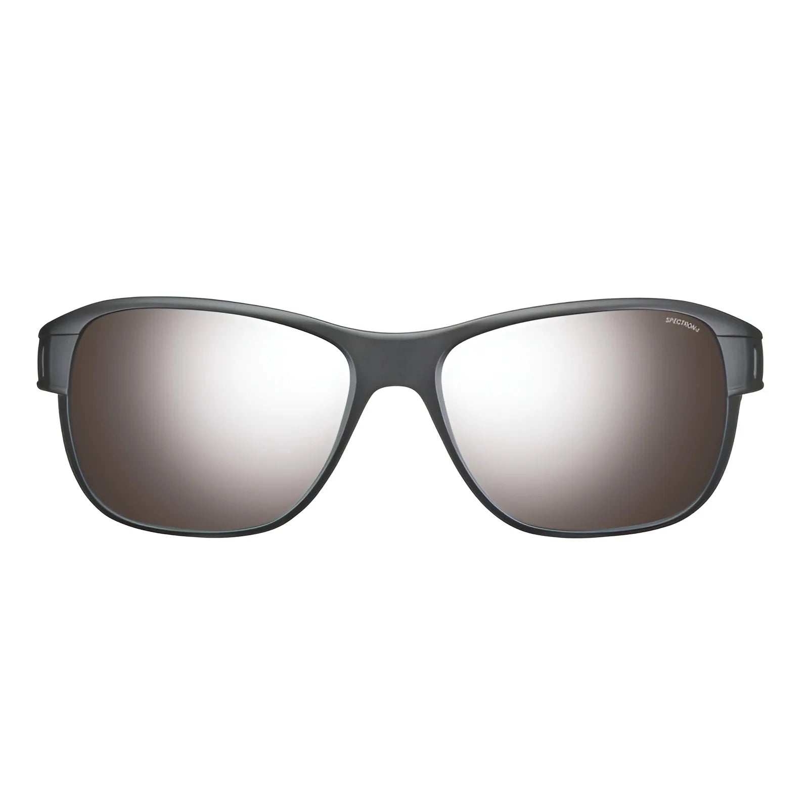 Julbo Camino Sunglasses, Size 58, in sleek black with reflective tinted lenses and removable side shields, shown front-facing on a white background.