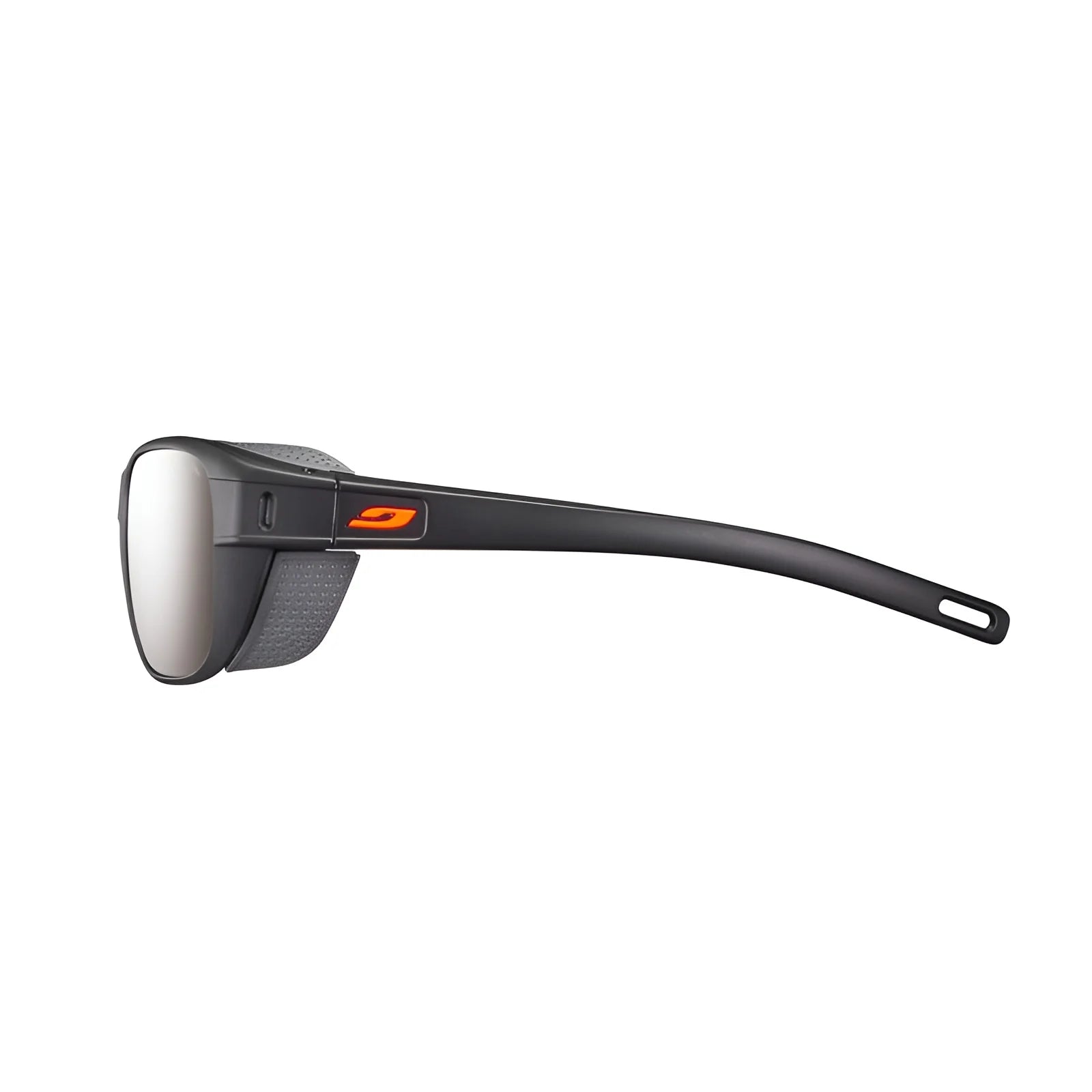 Side view of Julbo Camino Sunglasses in sleek black with mirrored, photochromic lenses and an orange logo on the temple, size 58.