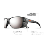 Julbo Camino Sunglasses (Size 58) feature black frames, mirrored lenses, curved temples, removable side shields, and a convenient cord attachment.