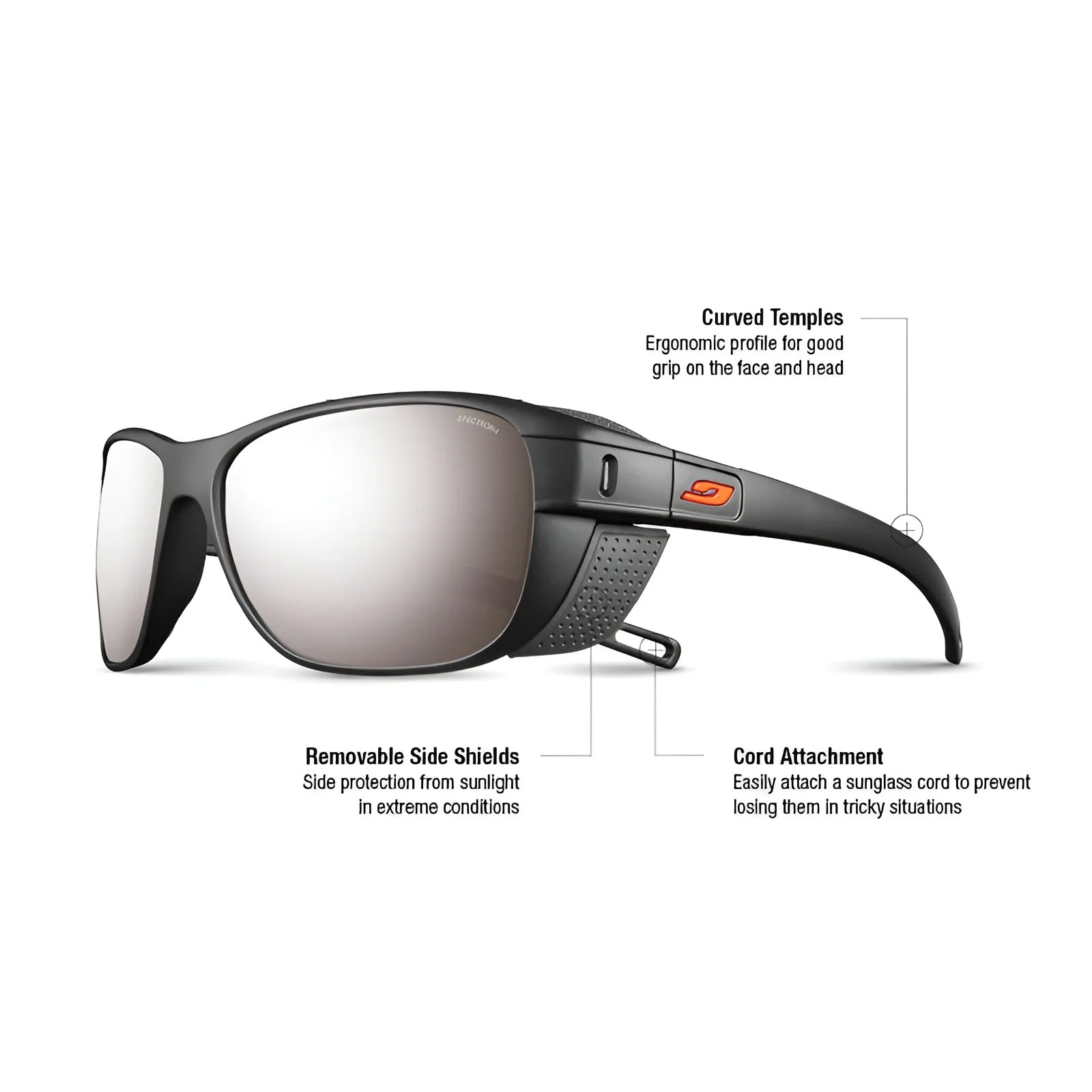 Julbo Camino Sunglasses (Size 58) feature black frames, mirrored lenses, curved temples, removable side shields, and a convenient cord attachment.