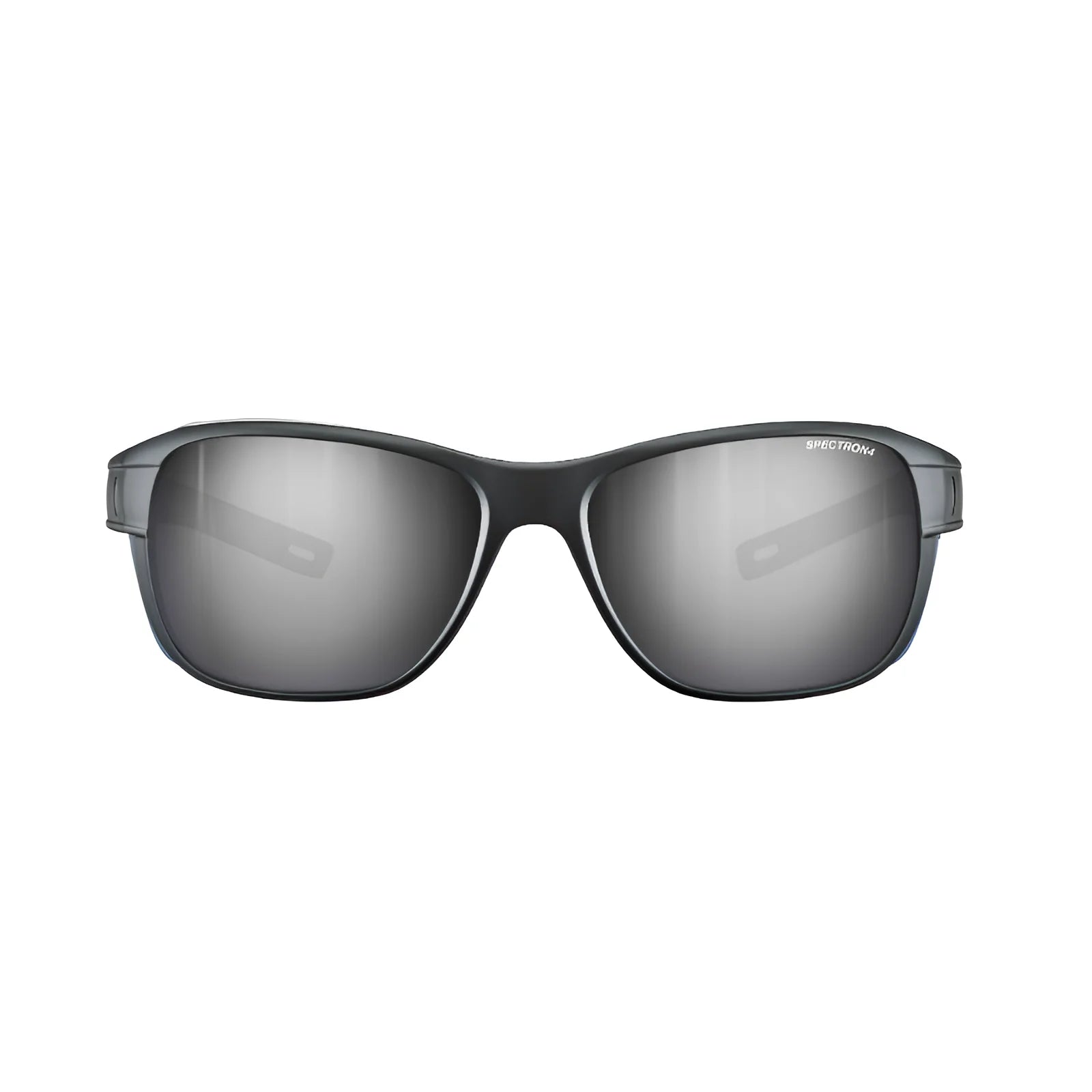 Julbo Camino Sunglasses | Size 58 are sleek black eyewear with reflective photochromic lenses and a subtle logo on the temple, featuring removable side shields for style and protection.
