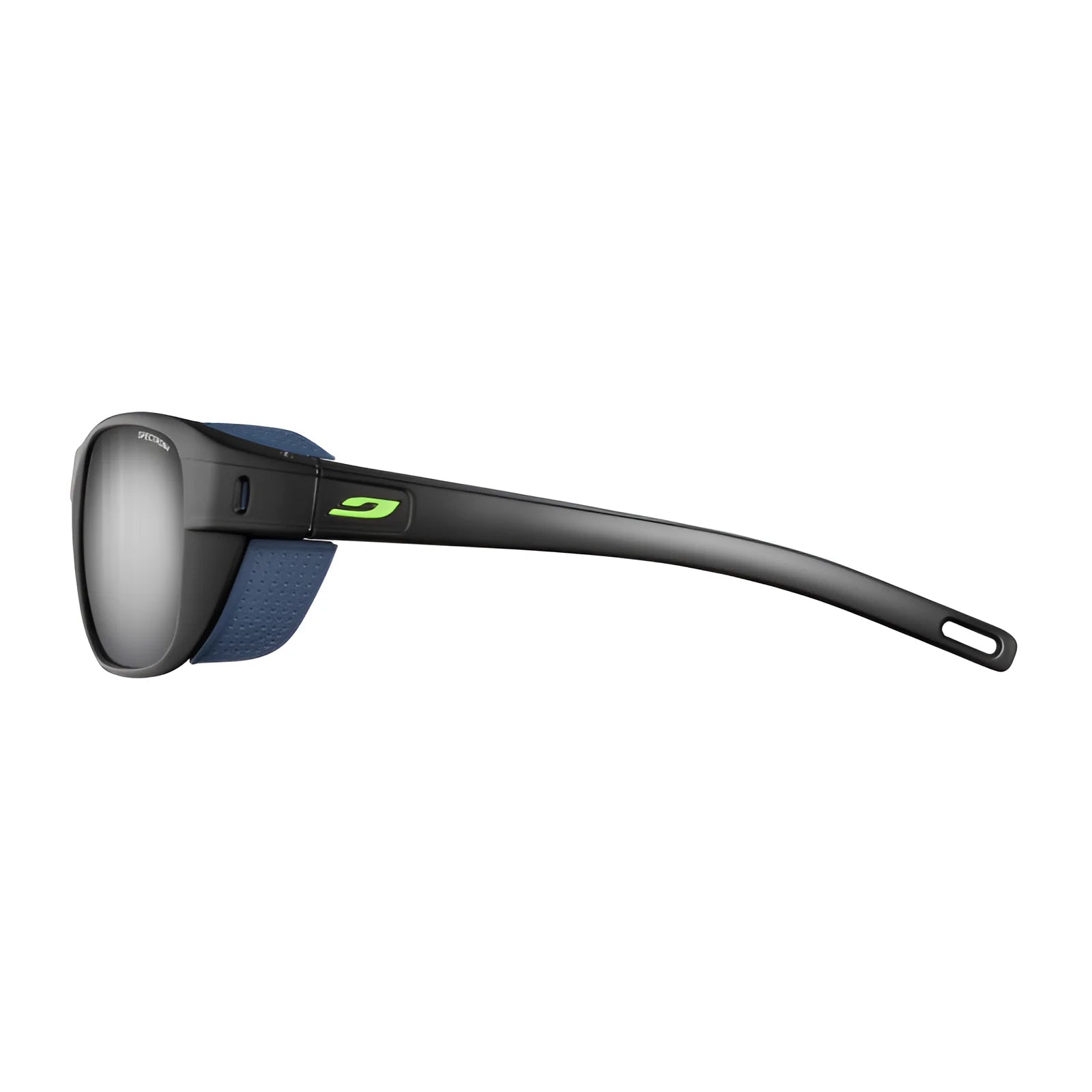 Julbo Camino Sunglasses (Size 58) in black with photochromic lenses, a green Julbo logo, and removable blue side shields, viewed from the side.