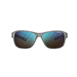 Julbo Camino Sunglasses, size 58, feature a gray frame with reflective blue-green photochromic lenses on a white background, offering versatile and stylish eyewear.