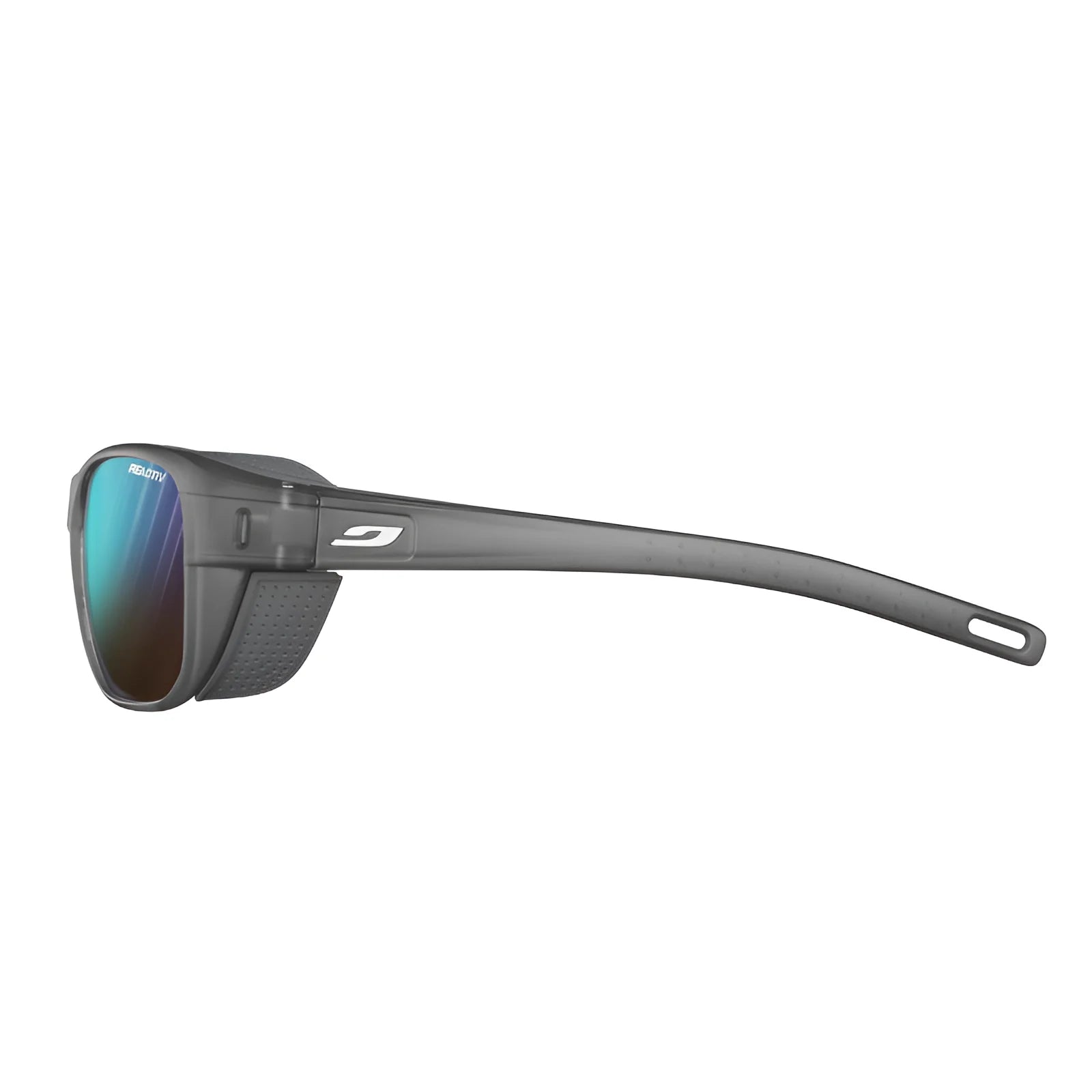 Julbo's Camino Sunglasses, size 58, in gray feature reflective blue photochromic lenses and removable side shields.