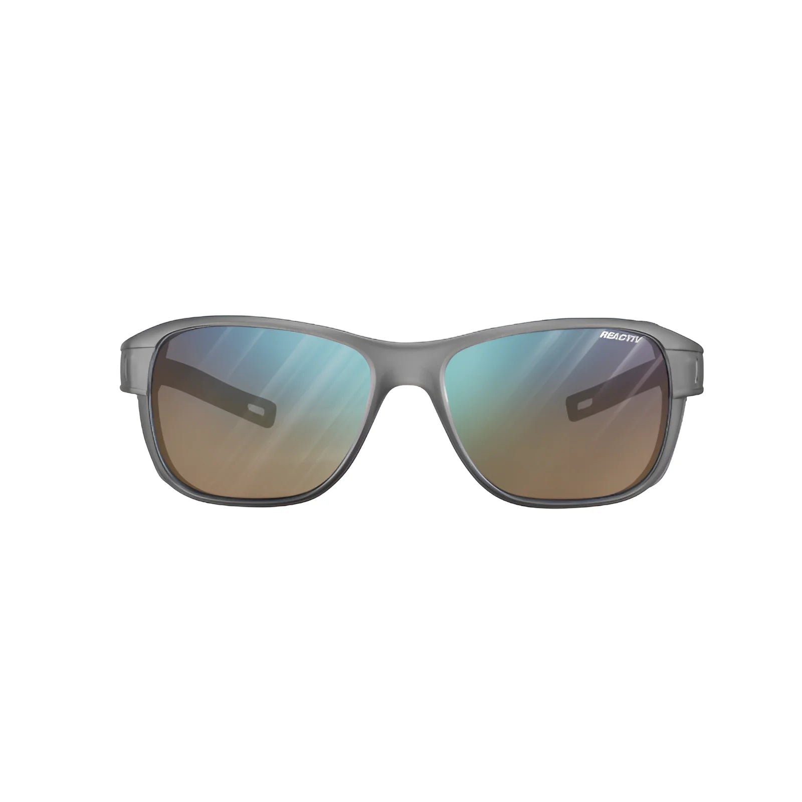 Julbo Camino Sunglasses (Size 58) feature gray frames and blue mirrored photochromic lenses, shown on a white background.