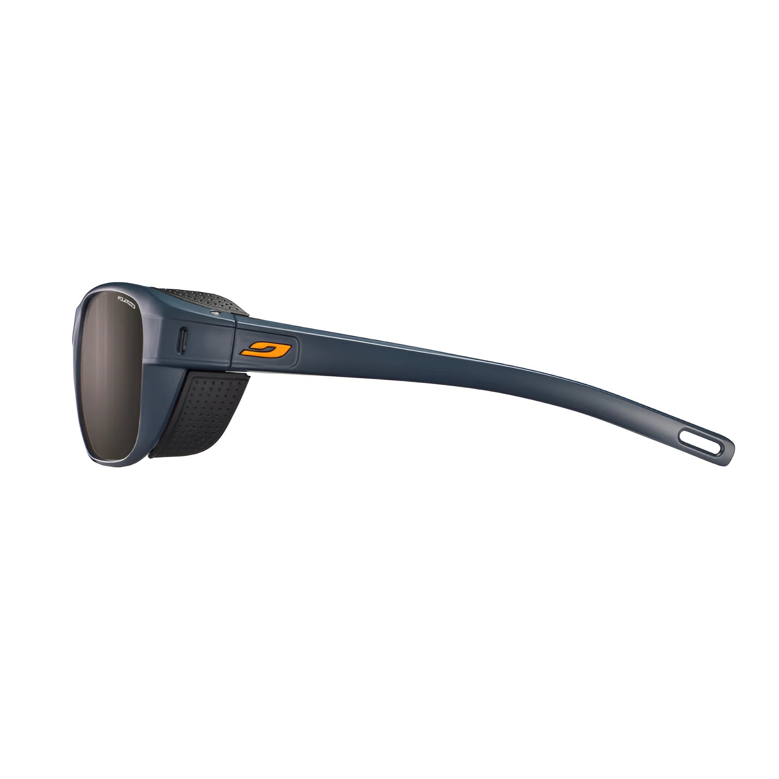 Side view of Julbo Camino Sunglasses, Size 58, in dark blue with orange accents; these sports sunglasses feature a wraparound design and removable side shields for versatile eyewear.