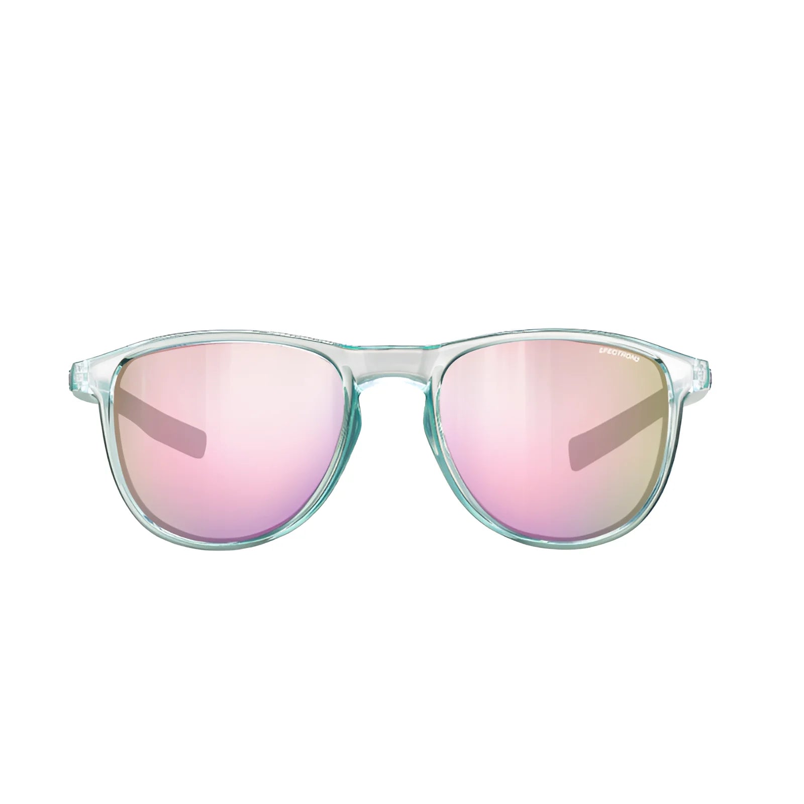 The Julbo Canyon Sunglasses | Size 51, featuring clear frames with an ergonomic design and pink-tinted lenses, elegantly contrast a white background.