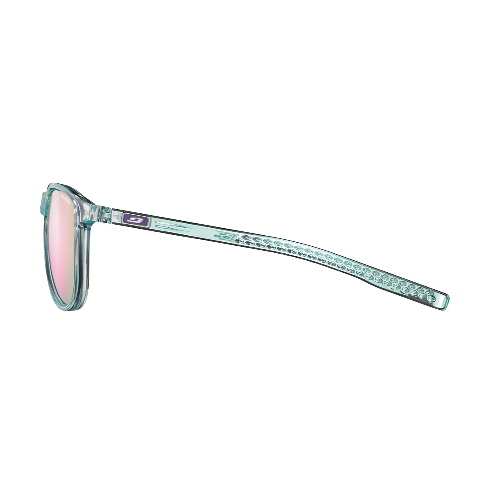 Side view of Julbo Canyon Sunglasses, Size 51, featuring a transparent frame with pink-tinted lenses and decorative arm design for an ergonomic touch, set against a white background.