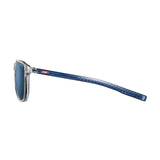Side view of Julbo Canyon Sunglasses, size 51, featuring a blue eco-friendly design with a clear frame front and patterned temples on a white background.