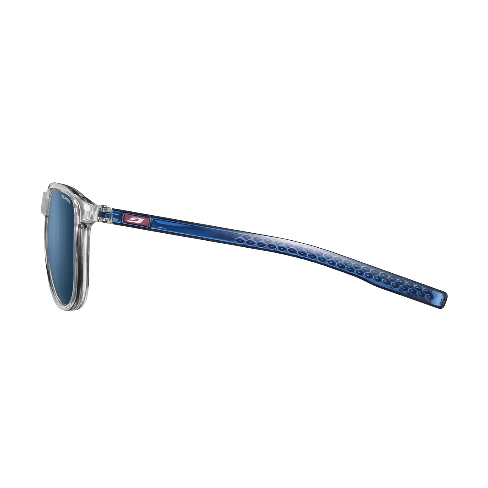 Side view of Julbo Canyon Sunglasses, size 51, featuring a blue eco-friendly design with a clear frame front and patterned temples on a white background.