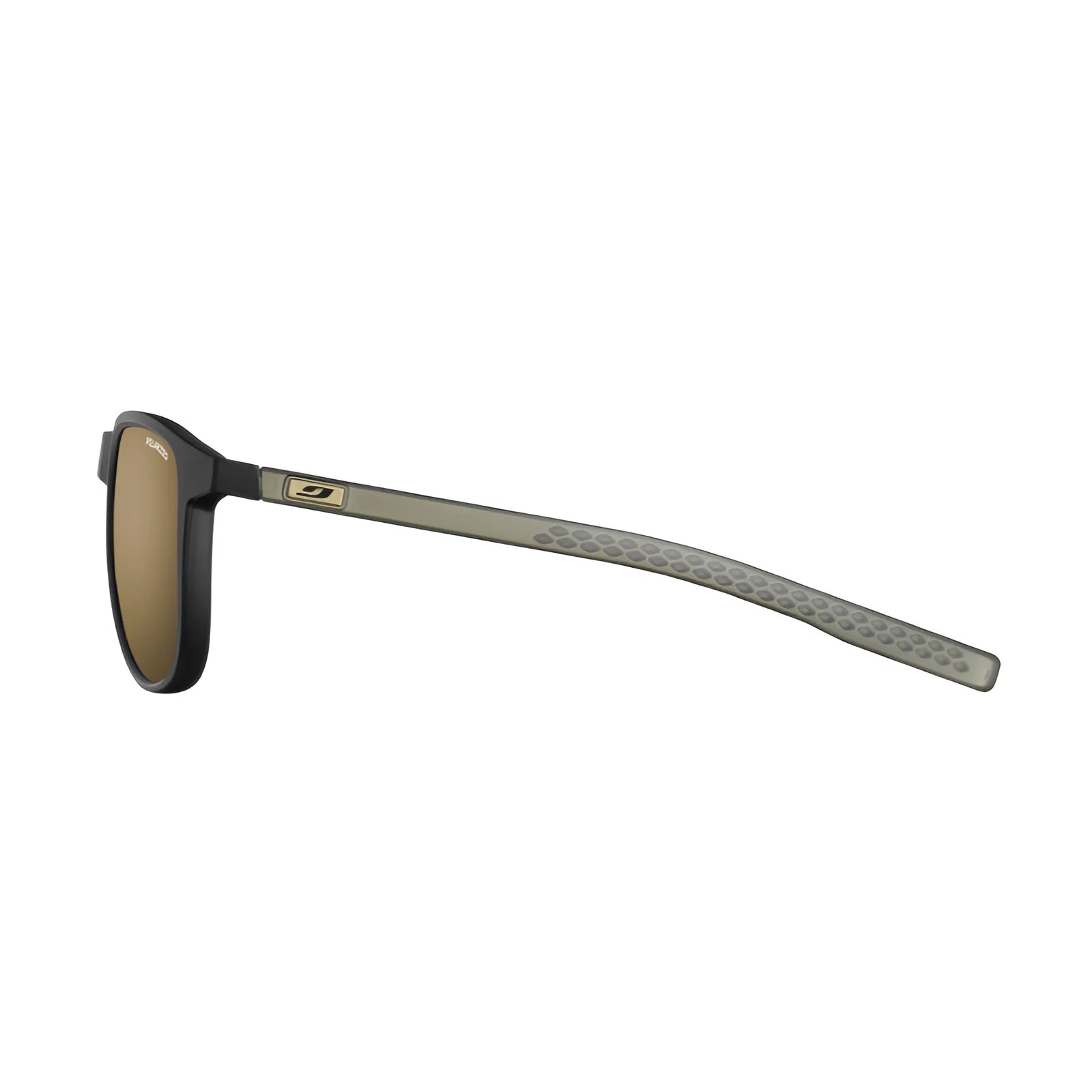 Side view of Julbo Canyon Sunglasses (Size 51) with eco-friendly black frames and olive-green arms, featuring a textured pattern.