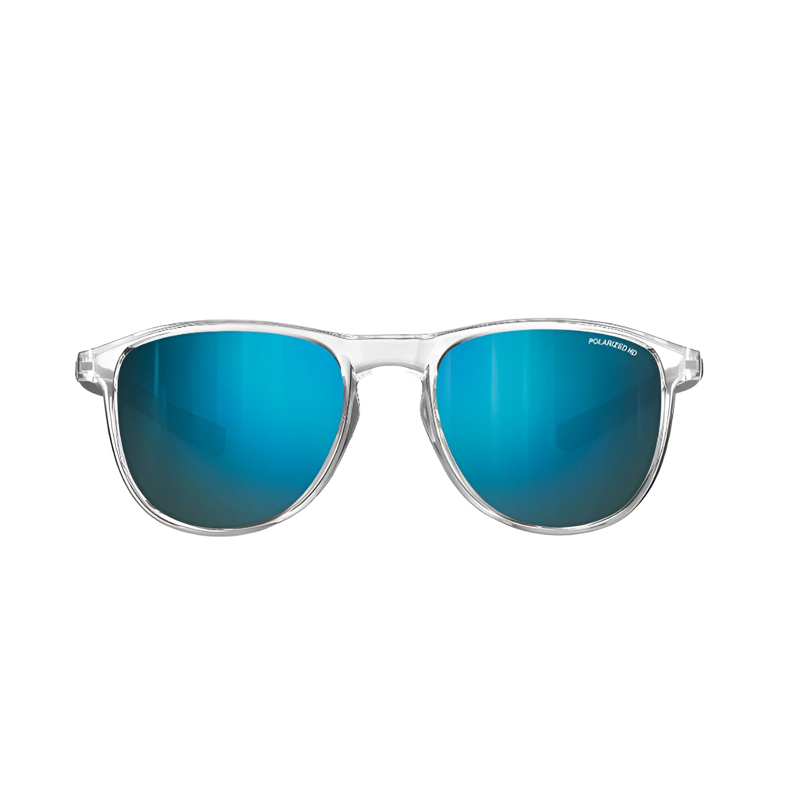 Julbo Canyon Sunglasses, Size 51, feature clear frames and blue mirrored lenses in an ergonomic design, shown from a front view.