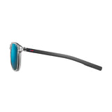 Side view of Julbo Canyon Sunglasses showing their eco-friendly design with blue lenses, transparent frame, and black temples on a white background.