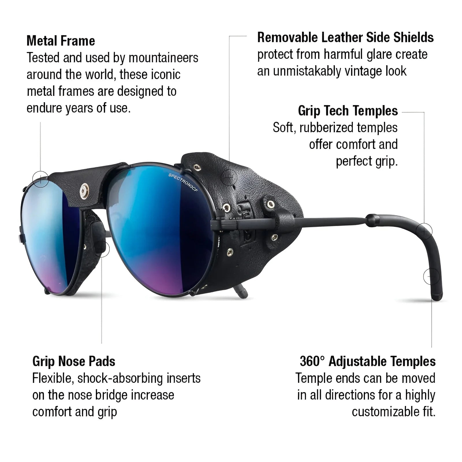 Discover the Julbo Cham Sunglasses, size 58, with side shields, sleek metal frame, grip nose pads, rubberized temples, and adjustable temple ends. Ideal for those seeking stylish and functional alpine classic eyewear from Julbo.