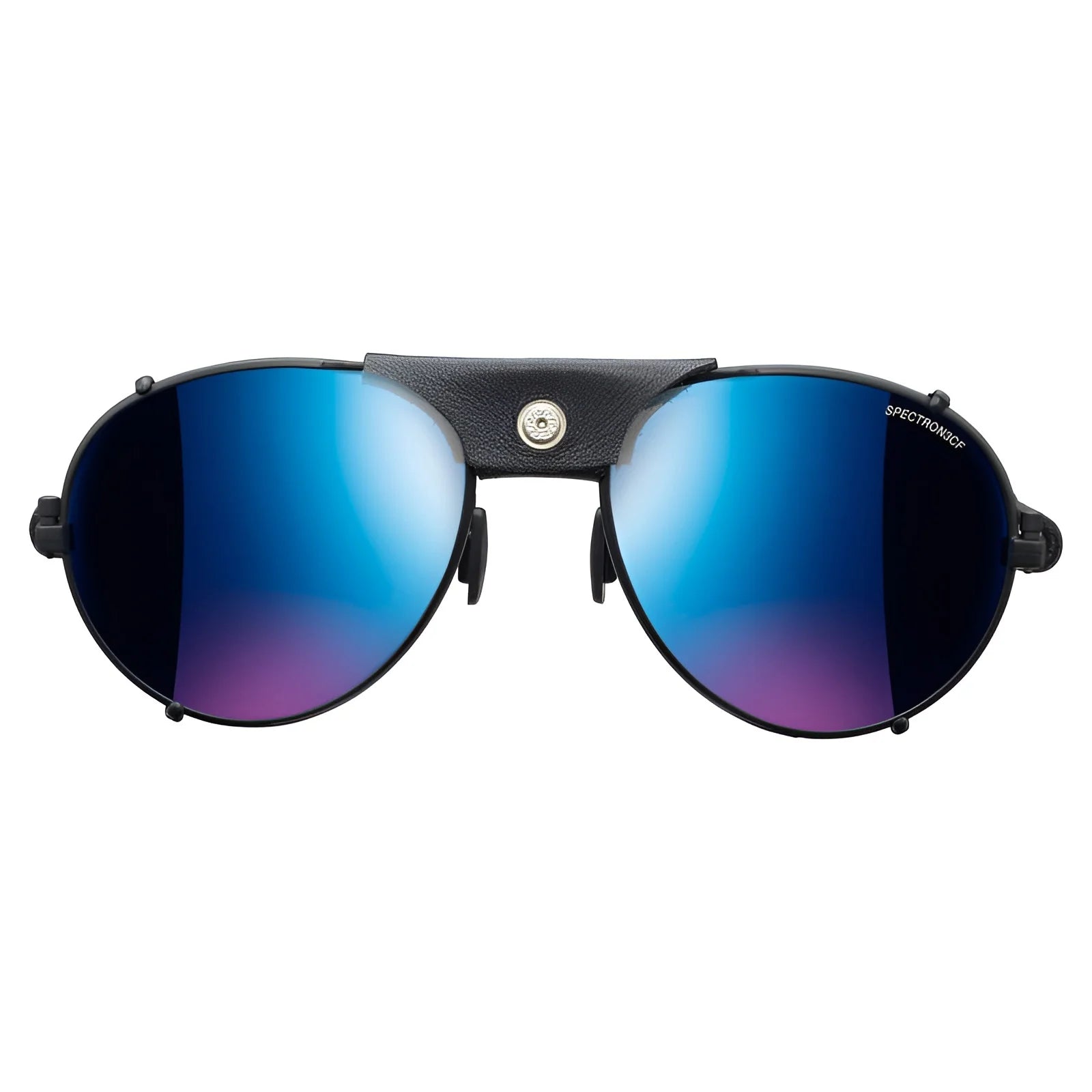 Julbo Cham Sunglasses (Size 58) offer black frames, mirrored blue lenses, and a leather nose bridge, ideal for mountaineers wanting classic alpine eyewear.