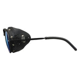 Side view of Julbo Cham Sunglasses in size 58 featuring black frames, blue lenses, and leather side shields.