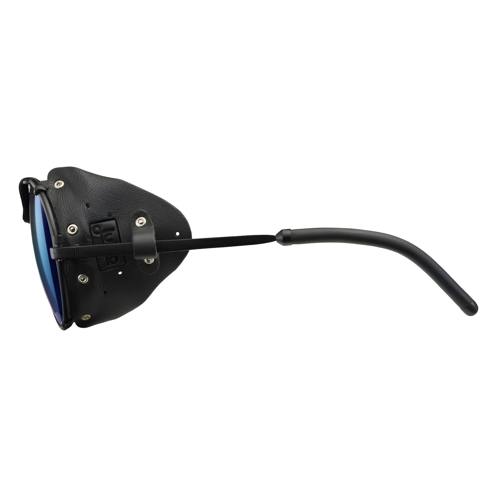 Side view of Julbo Cham Sunglasses in size 58 featuring black frames, blue lenses, and leather side shields.