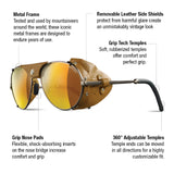 Julbo Cham Sunglasses | Size 58 feature metal frames, leather side shields, and rubberized temples—ideal glacier glasses for enthusiasts of alpine classic eyewear.