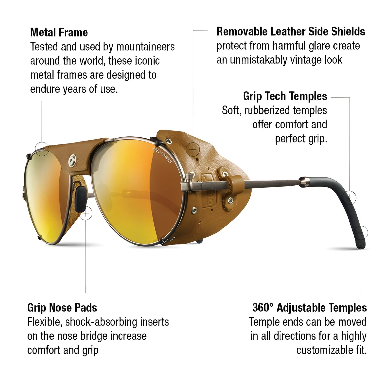 Julbo Cham Sunglasses | Size 58 feature metal frames, leather side shields, and rubberized temples—ideal glacier glasses for enthusiasts of alpine classic eyewear.