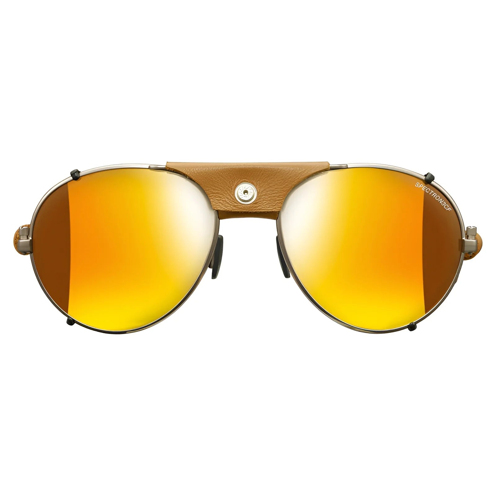 The Julbo Cham Sunglasses, Size 58, combine functionality and style with yellow-tinted lenses and a brown leather bridge accent.