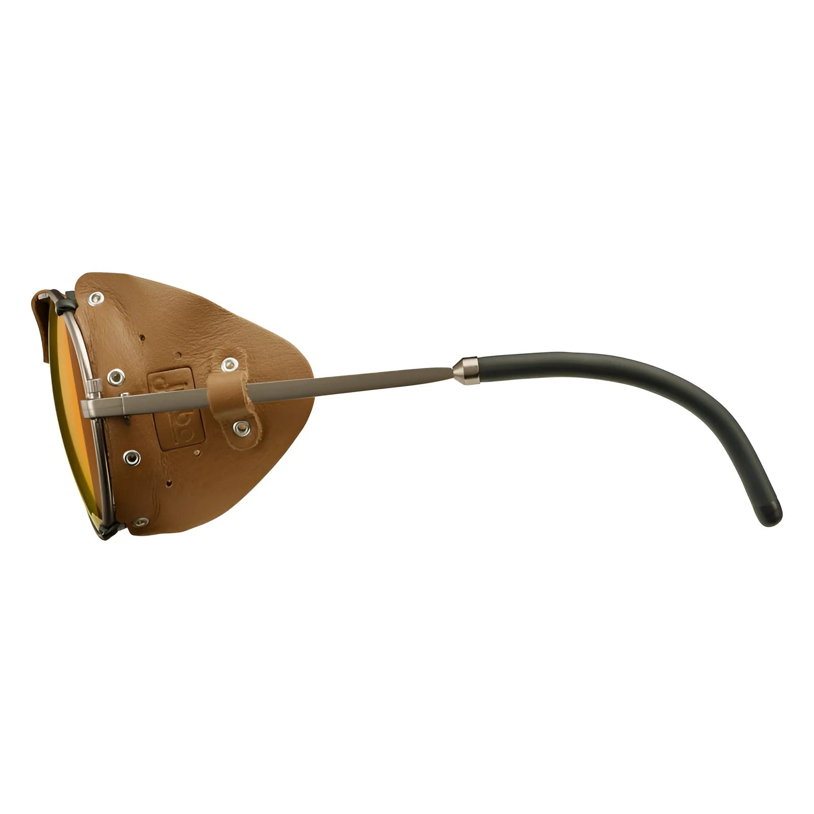 Side view of Julbo Cham Sunglasses with brown leather side shields, reflective lenses, and a black curved earpiece.