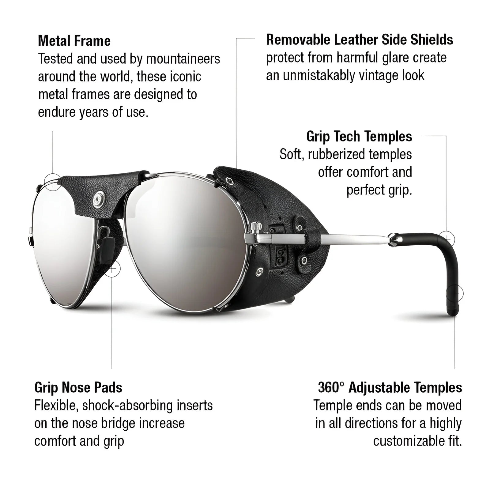 The Julbo Cham Sunglasses, size 58, from Julbo feature a metal frame, removable leather side shields, grip nose pads, and adjustable tech temples. They are ideal glacier glasses for the modern mountaineer seeking style and functionality.