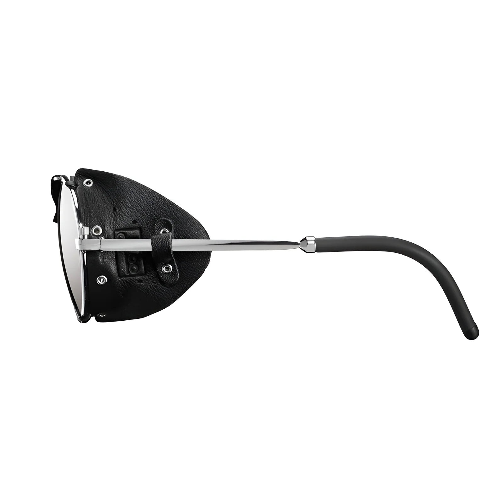The Julbo Cham Sunglasses (Size 58) in black and silver exhibit a steampunk style reminiscent of classic glacier glasses, with leather side shields and curved black temple tips.