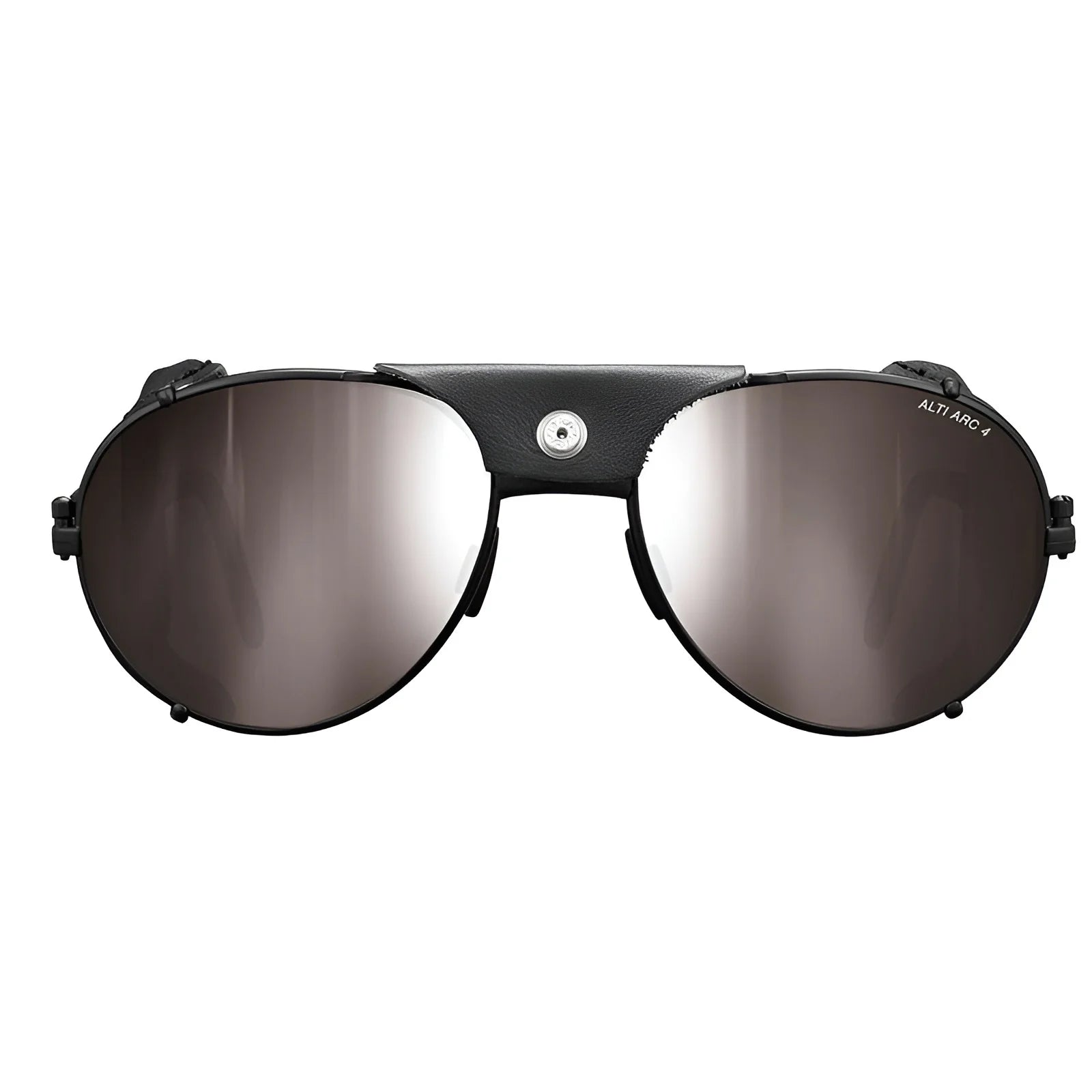 The Julbo Cham Sunglasses (Size 58) embody alpine classic eyewear with reflective brown aviator lenses, highlighted by a black leather bridge and a small silver button on top.