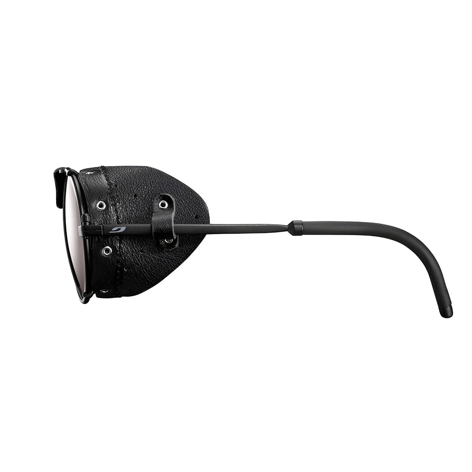 Side view of Julbo Cham Sunglasses | Size 58, featuring leather side shields and curved temples in black.