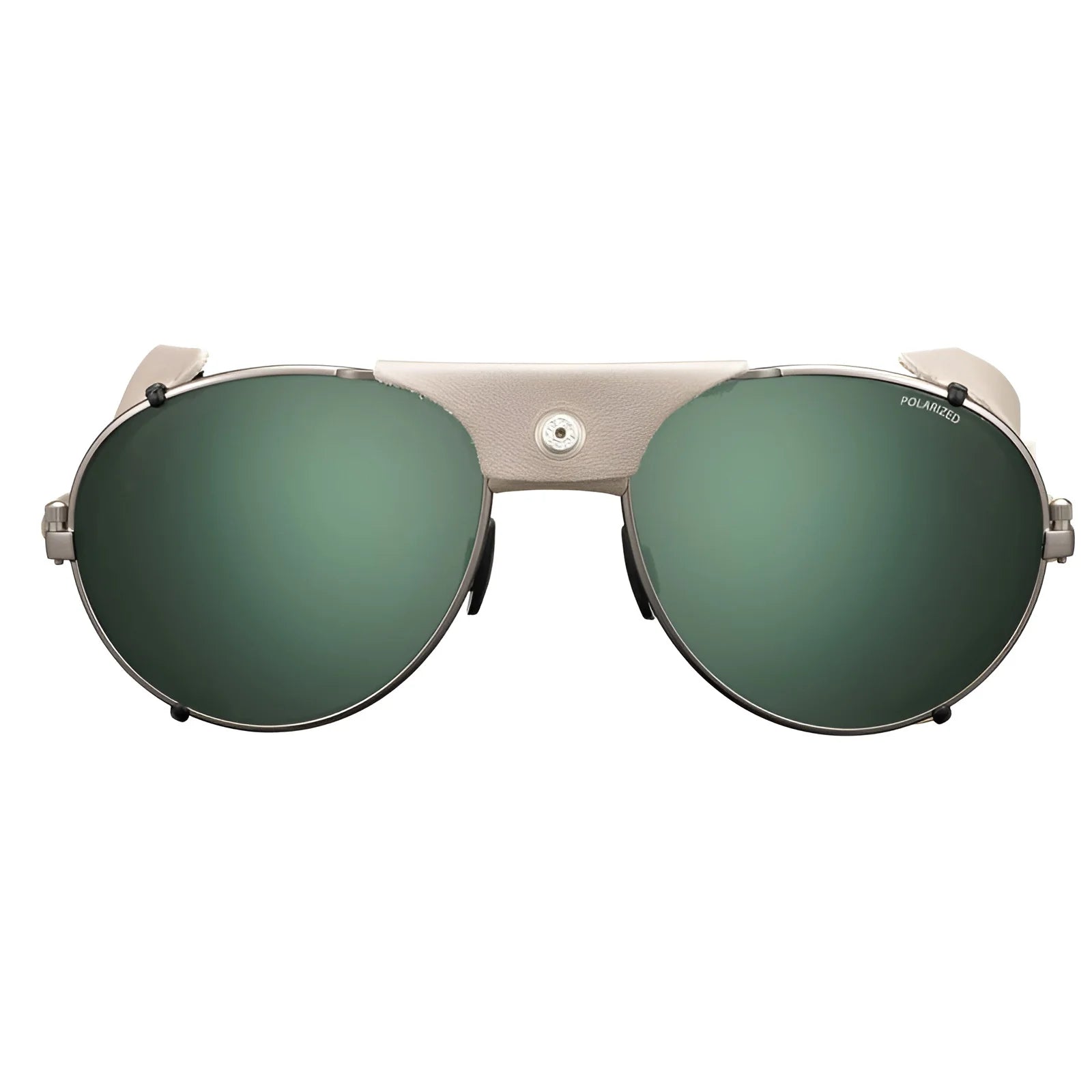 Julbo Cham Sunglasses | Size 58 feature green lenses, a leather nose bridge, side shields, and a sleek metallic frame.
