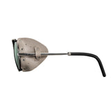 Side view of Julbo Cham Sunglasses, Size 58, featuring grey lenses with fabric side shields and sleek black temple arms—ideal for classic alpine eyewear seekers.