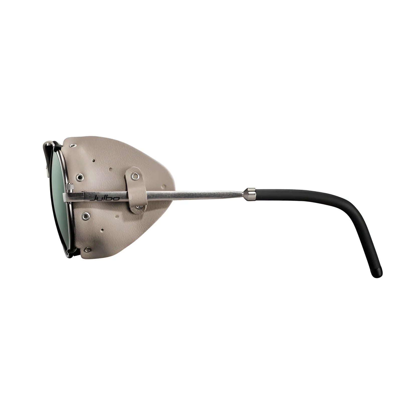 Side view of Julbo Cham Sunglasses, Size 58, featuring grey lenses with fabric side shields and sleek black temple arms—ideal for classic alpine eyewear seekers.