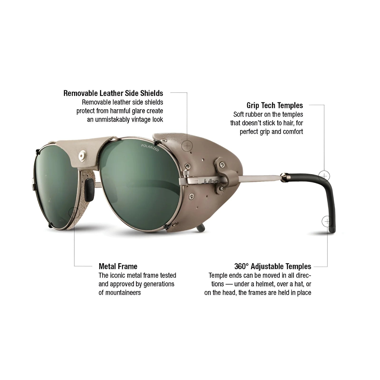 Explore the ideal mix of style and function with Julbo Cham Sunglasses. These mountaineer's glasses have removable leather side shields, adjustable temples, a metal frame, and soft grip technology, making them perfect for any adventure. Brand: Julbo | Size: 58.