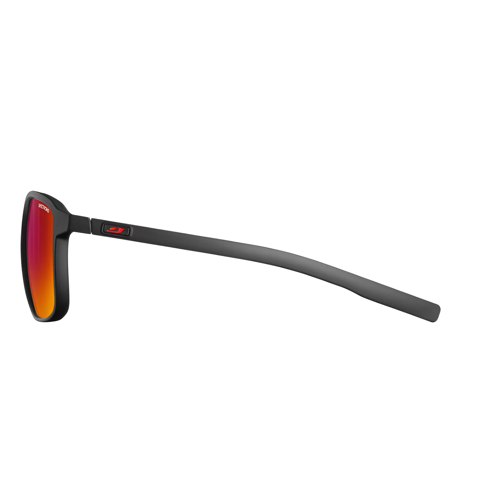 Side view of Julbo Creek Sunglasses | Size 52, showcasing environmentally friendly design with red mirrored lenses and a lightweight black frame on a white background.