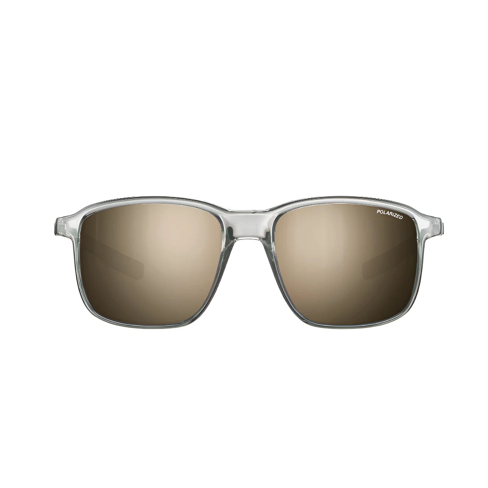 Julbo Creek Sunglasses (Size 52) by Julbo feature clear frames and brown polarized lenses with a lightweight design, showcased on a white background.