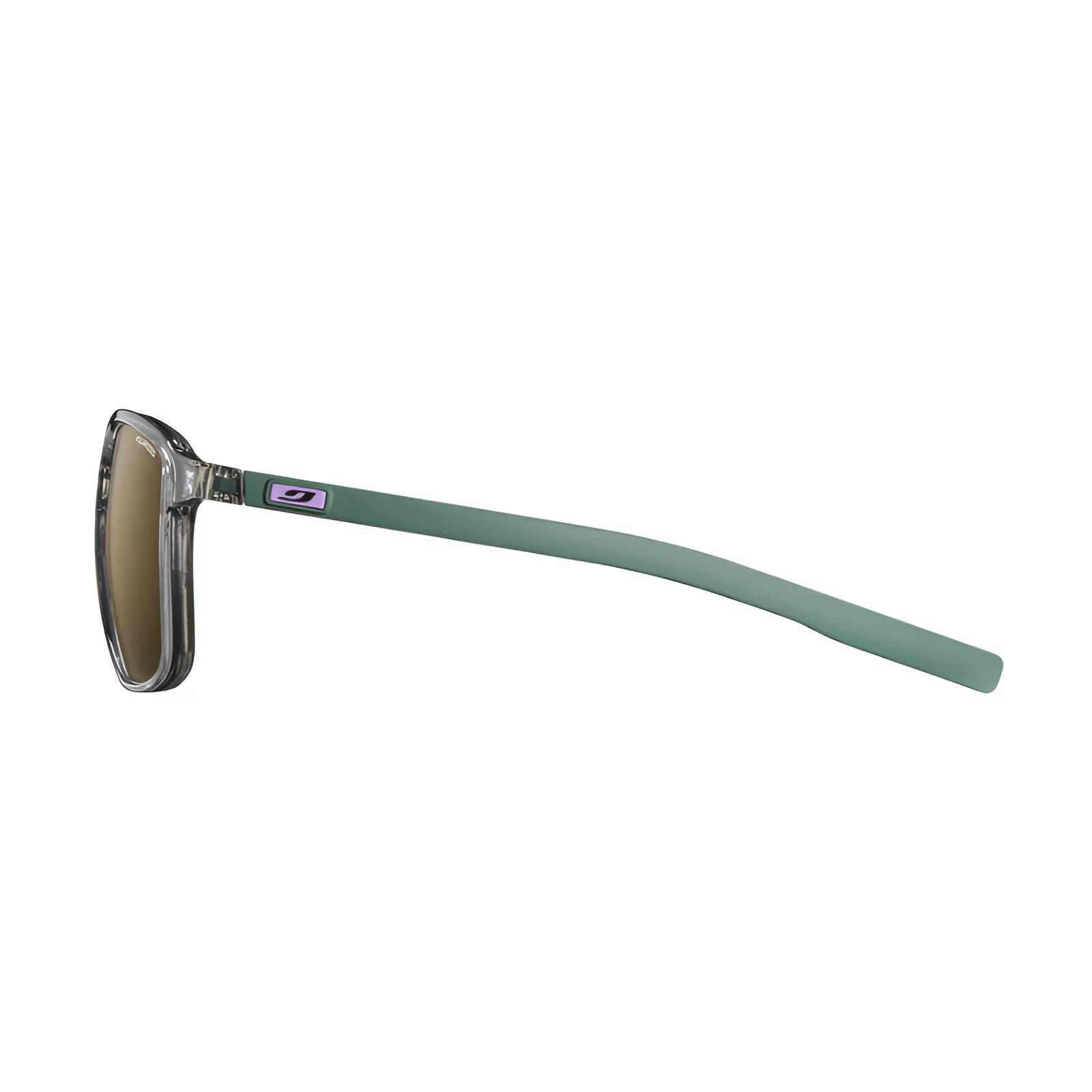 Side view of Julbo Creek Sunglasses, size 52, with green arms, transparent lightweight frames featuring a small logo and Spectron HD lenses for enhanced clarity.