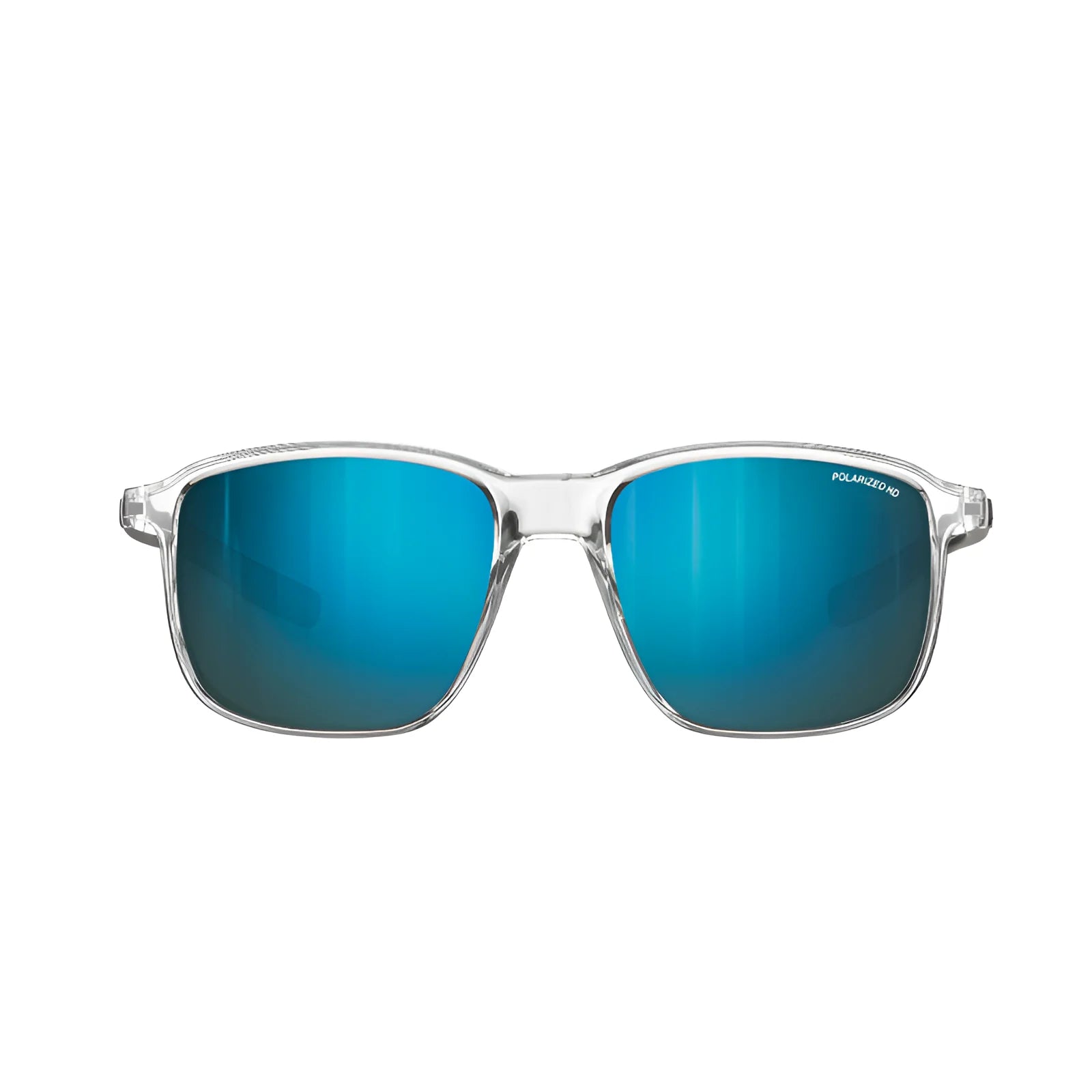 Julbo Creek Sunglasses Size 52 feature a modern design with clear frames and blue polarized lenses, stylishly set against a white background.