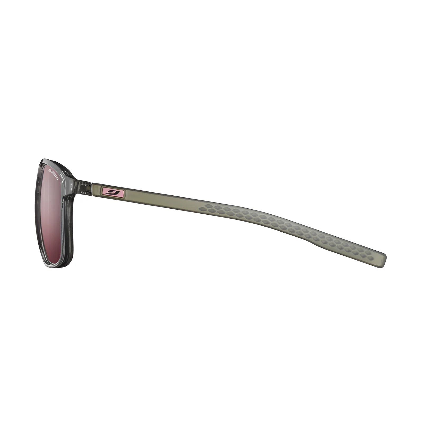 The Julbo Creek Sunglasses | Size 52 offer a side view of stylish design with Spectron HD lenses, pink temple accents, and textured green arms, all in a lightweight frame for superior comfort.