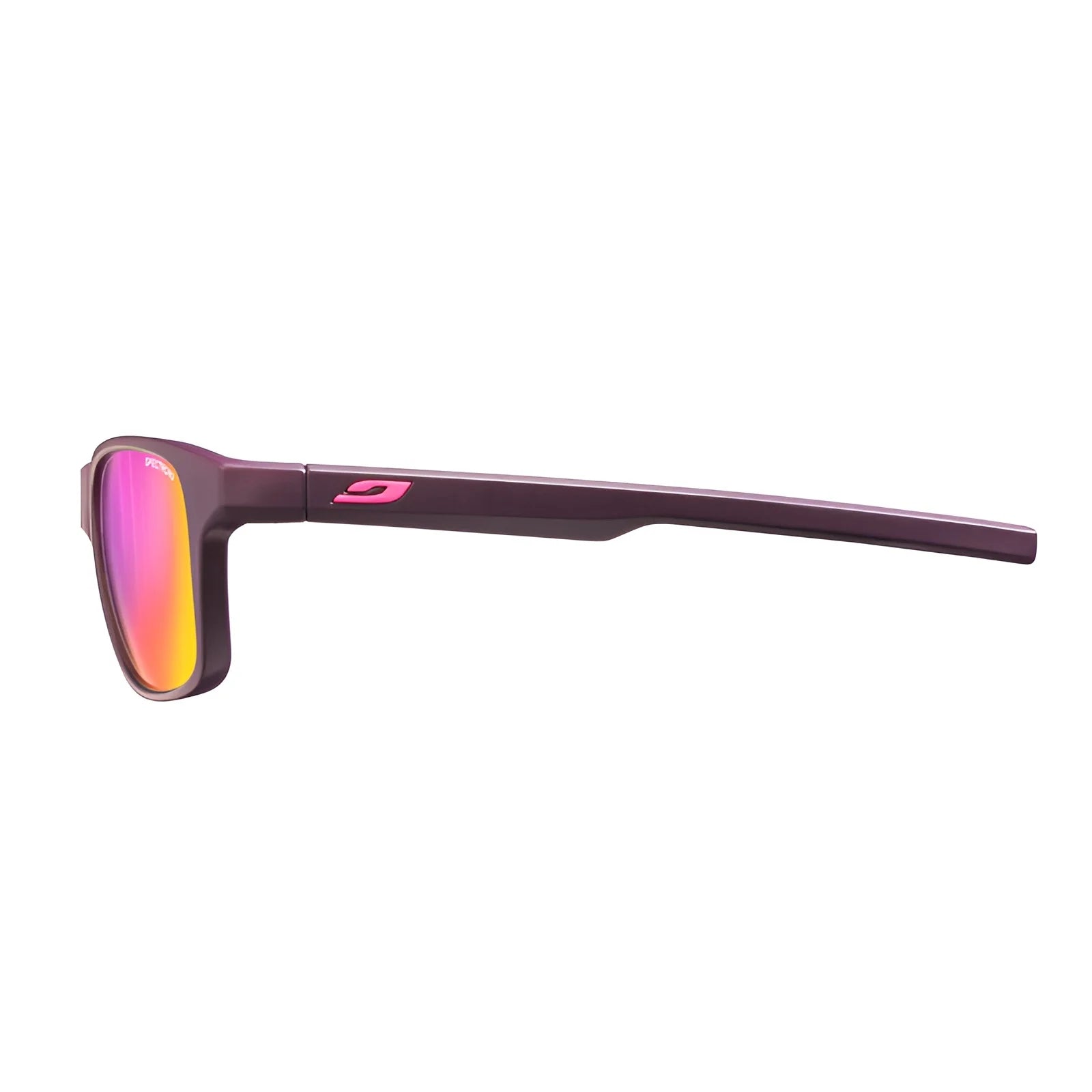 Side view of Julbo Cruiser Sunglasses, Size 51, featuring a purple frame and orange-tinted mirrored lenses, inspired by surf and skate trends.