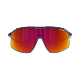 The Julbo Density Sunglasses offer sleek performance with reflective red and orange lenses, a blue frame, "Spectron 3" text on the lens, and CustomFit Temples for a perfect fit in any activity.